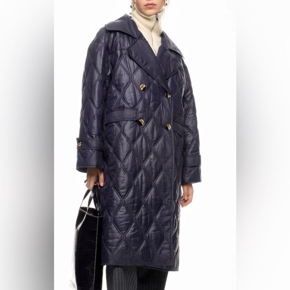GANNI Women's Elegant Navy Shiny Quilted Coat - Picture 1 of 15